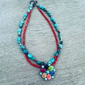 Barse 925 Silver Turquoise Red Beaded Floral Stone Pendant Statement Necklace